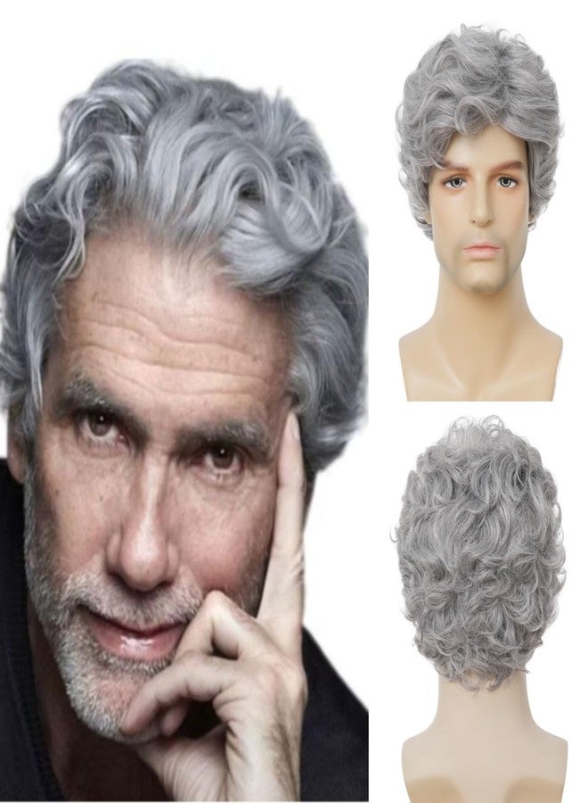 Dai Cloud Grey Short Curly Wigs for Men Natural Fluffy Synthetic Layered Halloween Daily Hair for Male Wig Cap - Image 1
